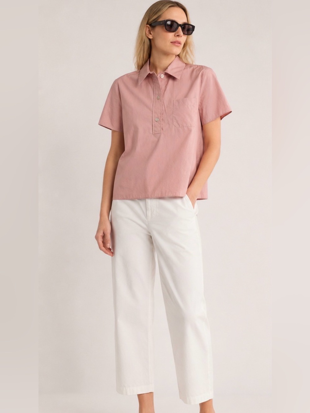 Vince 100% Cotton Short Sleeve Collared Popover Shirt – Mauve Blush – Size Large
